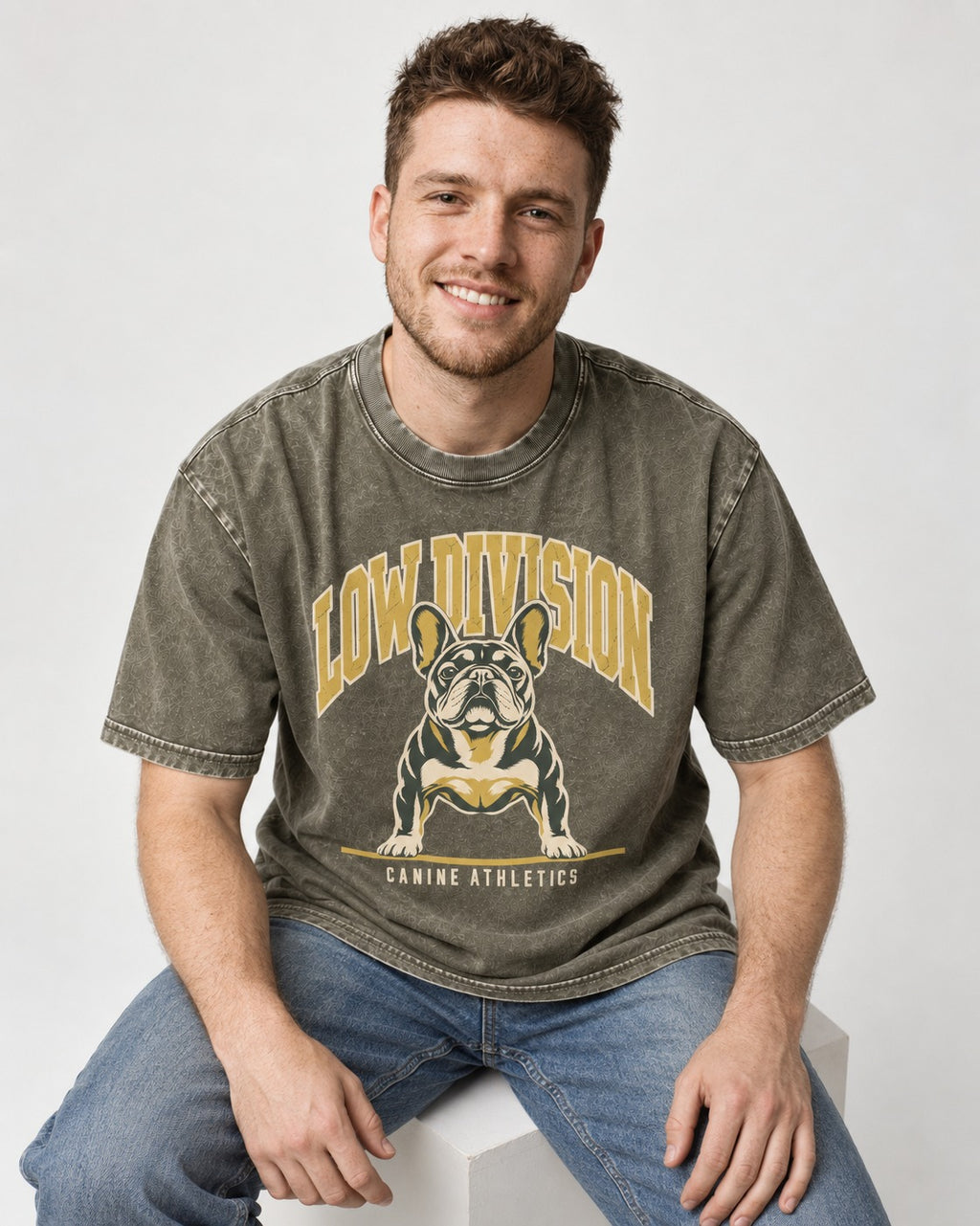 Frenchie Low Division Canine Athletics Graphic Washed Tee in Army Green, worn by a seated model