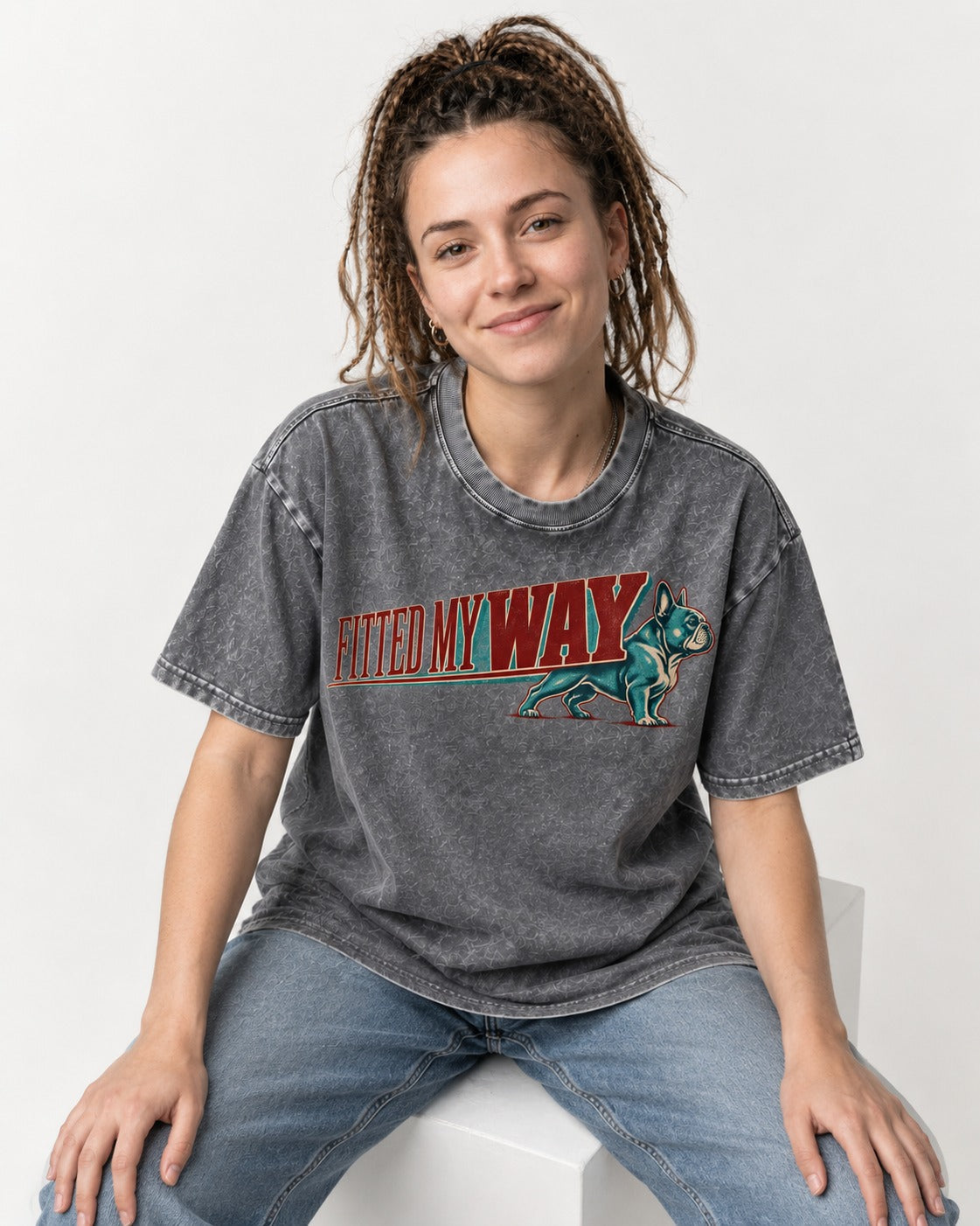 Frenchie Fitted My Way Collegiate Graphic Washed Tee in Gray, worn by a seated model