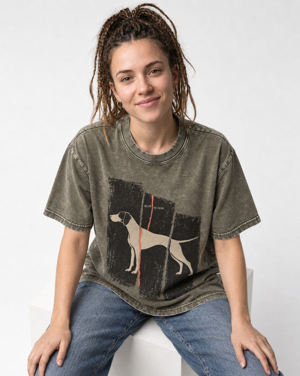 German Shorthaired Pointer Follow The Shear Split Panel Graphic Washed Tee in Army Green, worn by a seated model