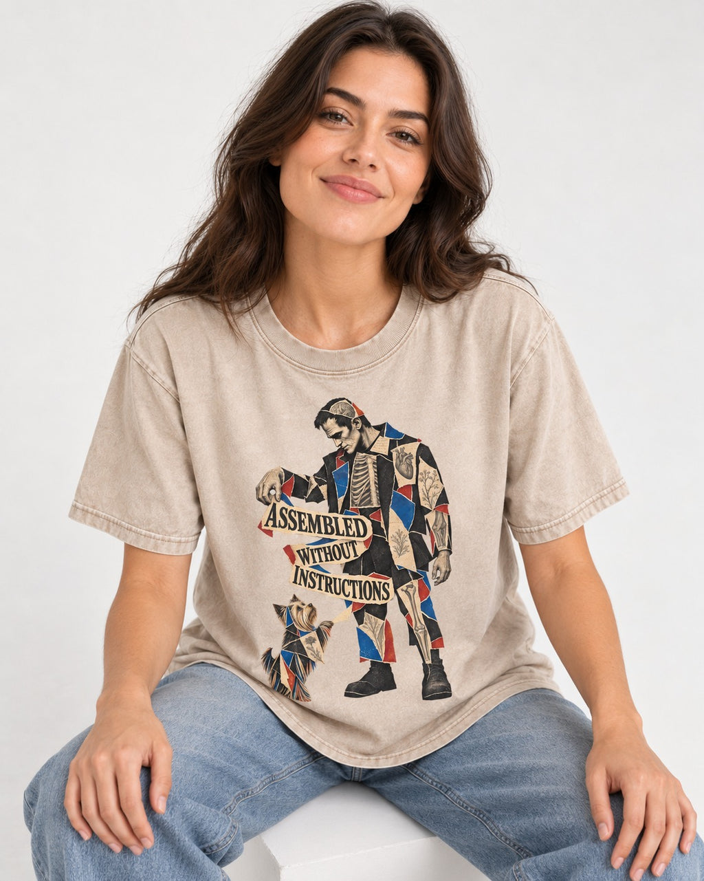Yorkshire Terrier Assembled Without Instructions Washed Tee in Apricot, worn by a seated model