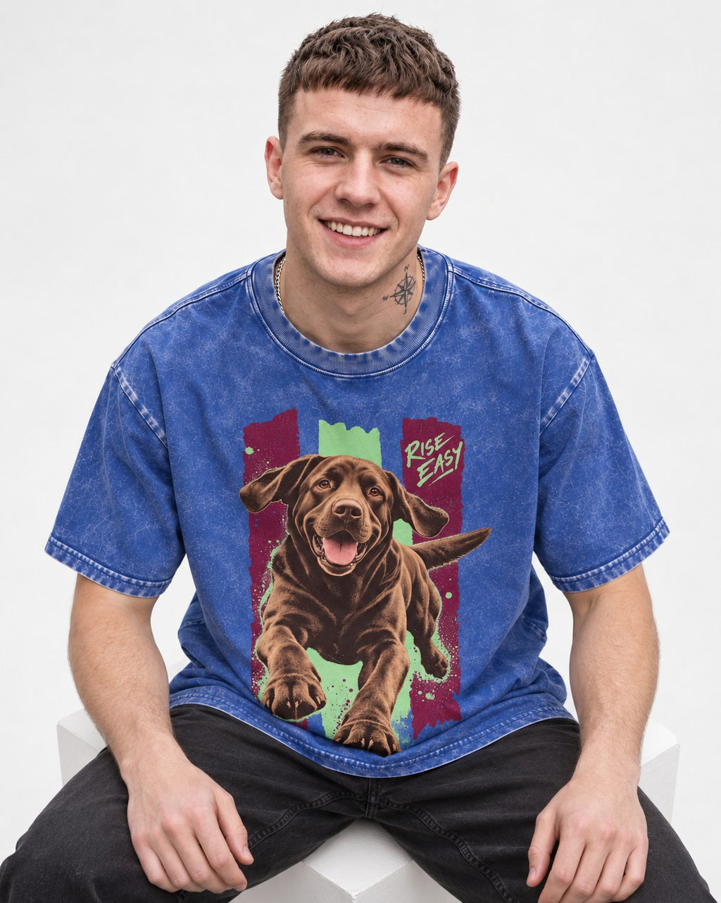 Labrador Retriever Rise Easy Running Chocolate Lab Graphic Washed Tee in Royal Blue, worn by a seated model