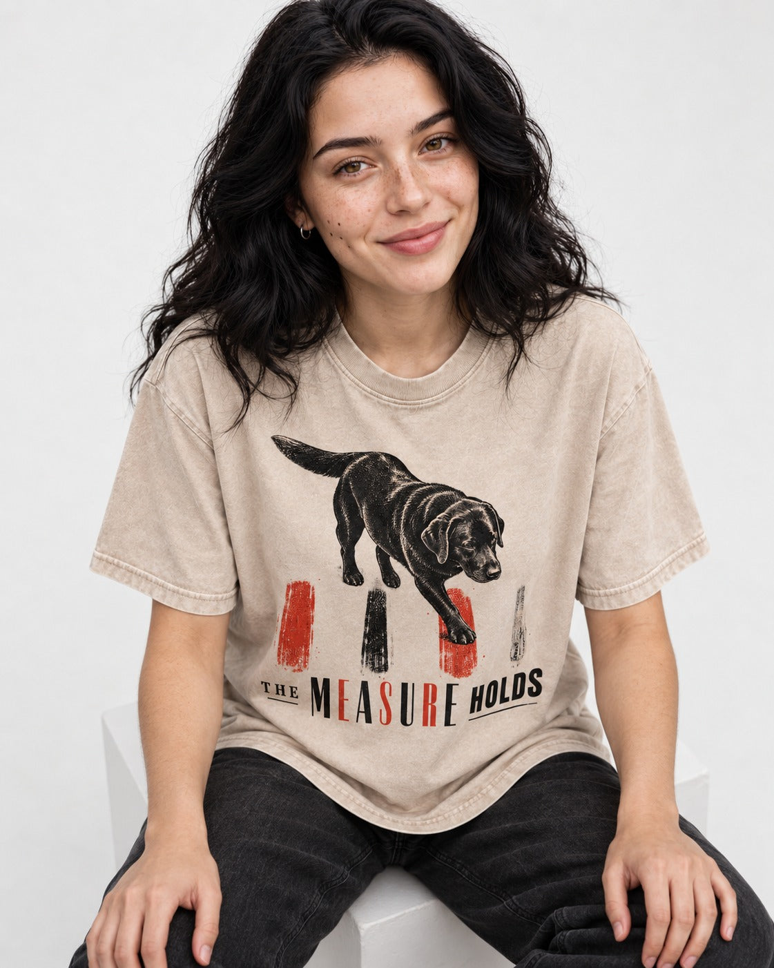 Labrador Retriever The Measure Holds Washed Tee in Apricot, worn by a seated model