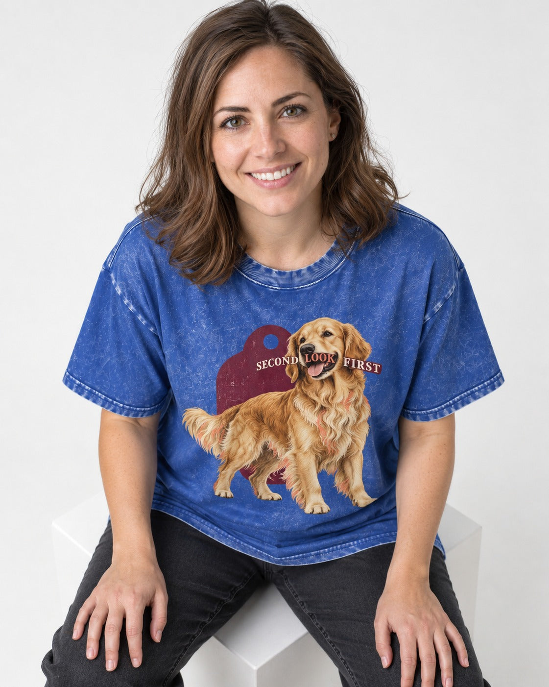 Golden Retriever Second Look First Tag Portrait Graphic Washed Tee in Royal Blue, worn by a seated model