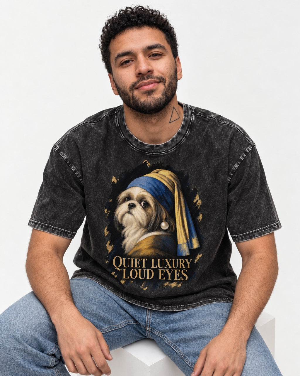 Shih Tzu Quiet Luxury Loud Eyes Pearl Portrait Graphic Washed Tee in Black, worn by a seated model