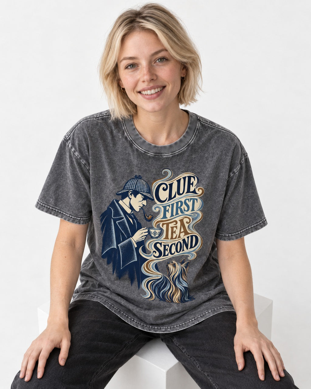 Yorkshire Terrier Clue First Tea Second Detective Graphic Washed Tee in Gray, worn by a seated model