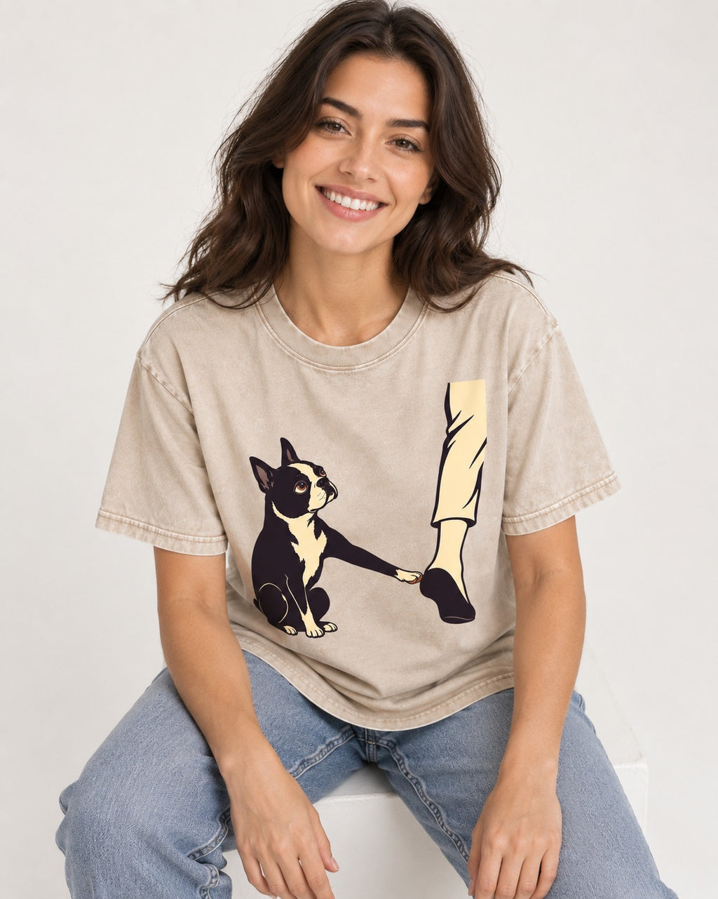 Boston Terrier Stay with Me Washed Tee in Apricot, worn by a seated model