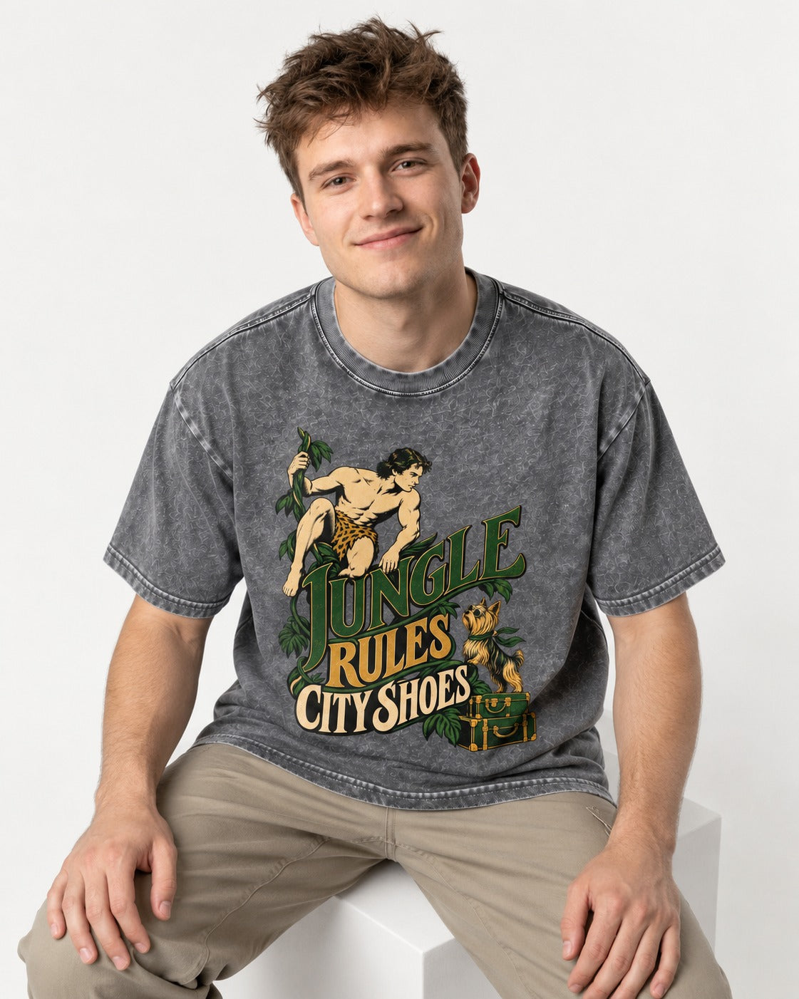 Jungle Rules City Shoes Yorkshire Terrier Washed Tee in Gray, worn by a seated model
