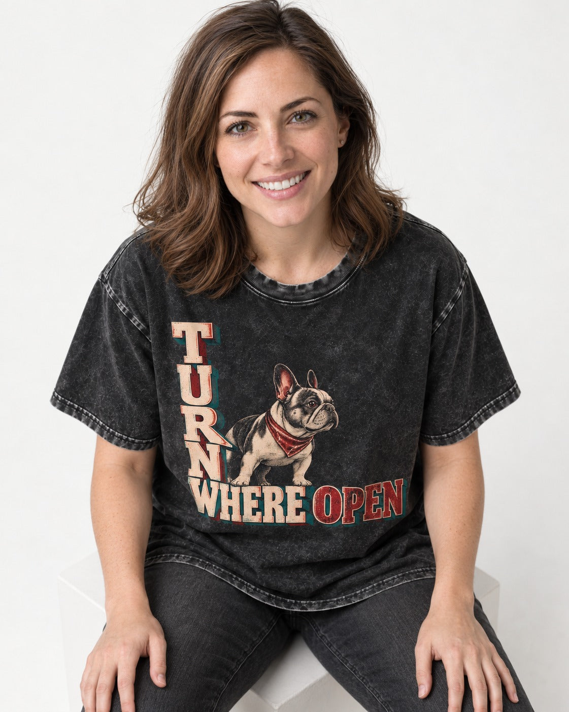 Turn Where Open Frenchie Washed Tee in Black, worn by a seated model