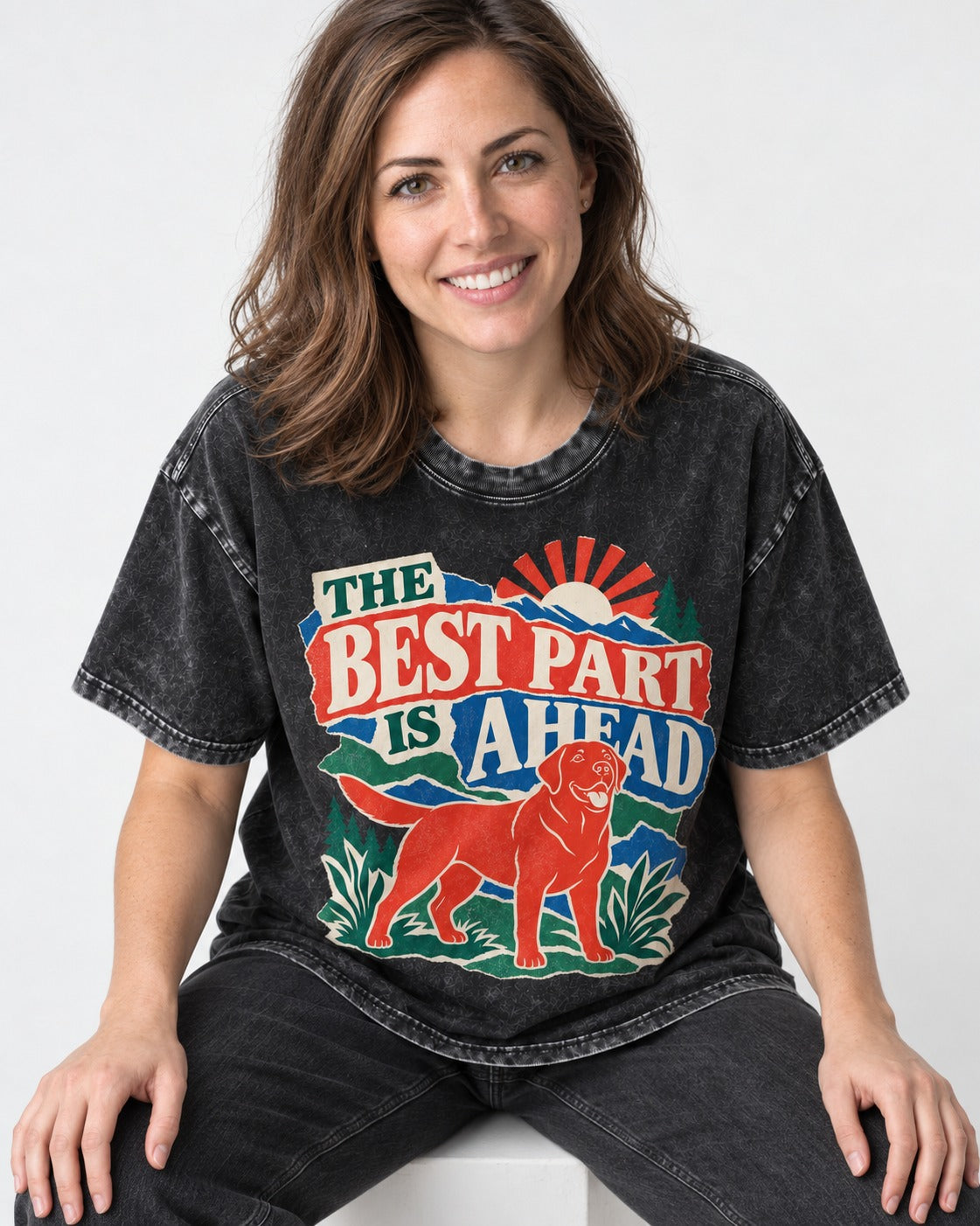 Labrador Retriever The Best Part Is Ahead Outdoor Graphic Washed Tee in Black, worn by a seated model