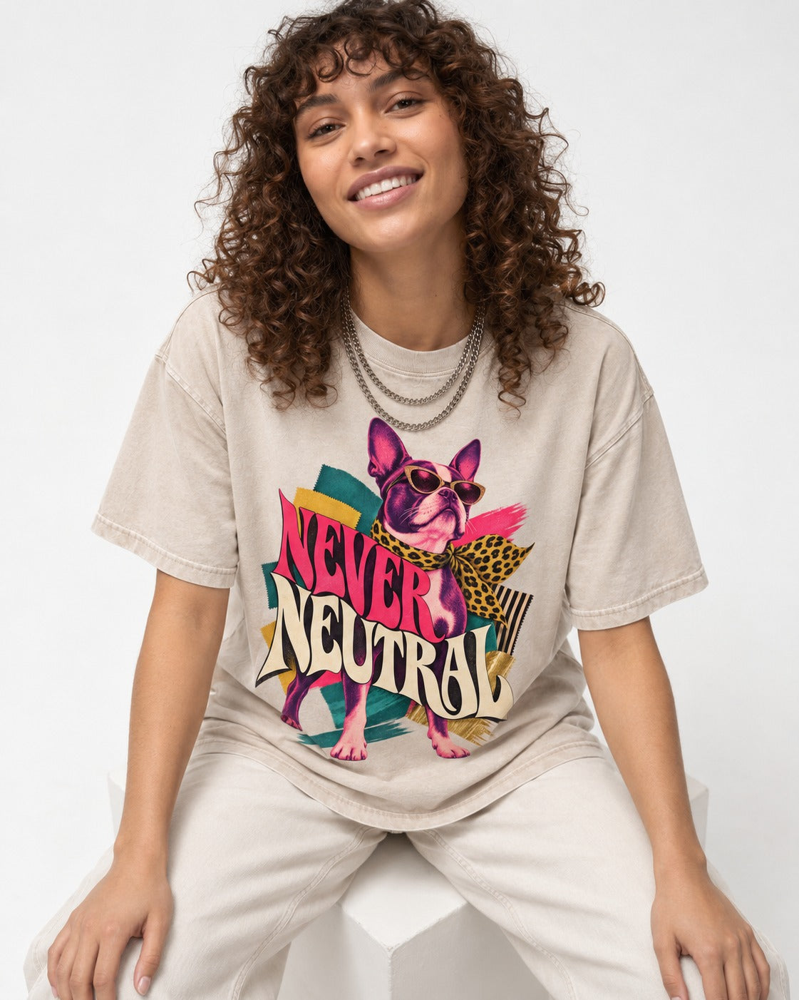 Boston Terrier Never Neutral Fashion Collage Graphic Washed Tee in Apricot, worn by a seated model