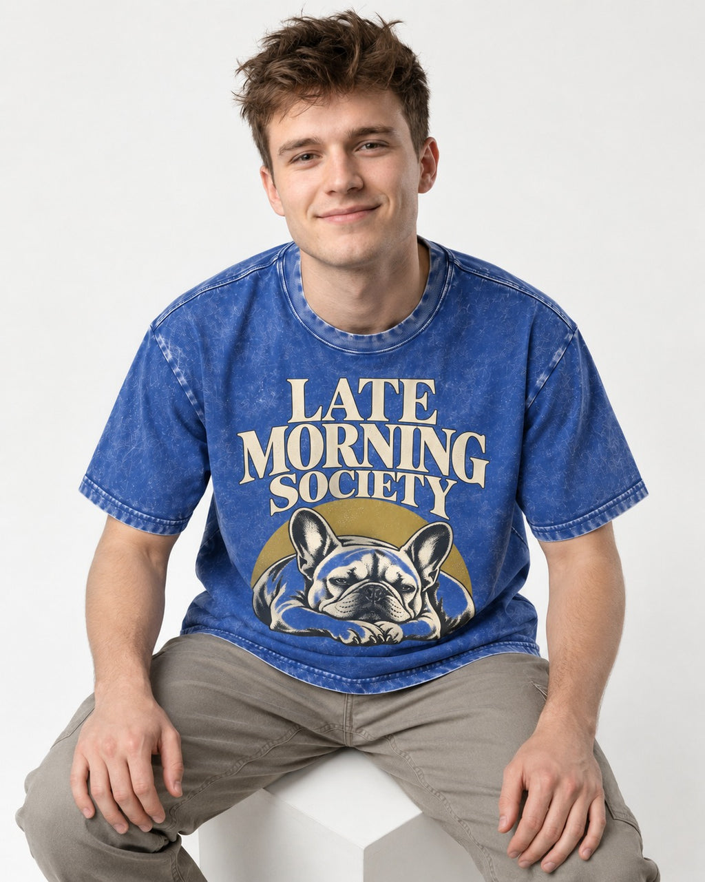 Frenchie Late Morning Society Graphic Washed Tee in Royal Blue, worn by a seated model