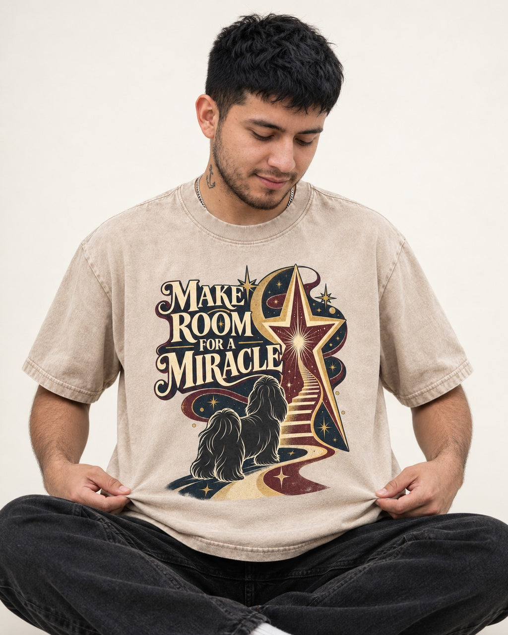Room for a Shih Tzu Miracle Washed Tee in Apricot, worn by a seated model