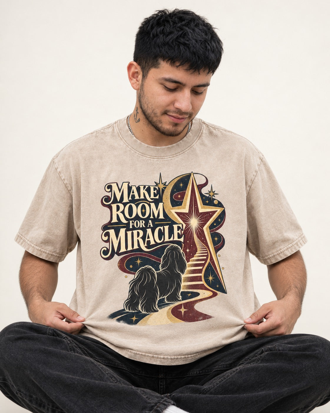 Room for a Shih Tzu Miracle Washed Tee in Apricot, worn by a seated model