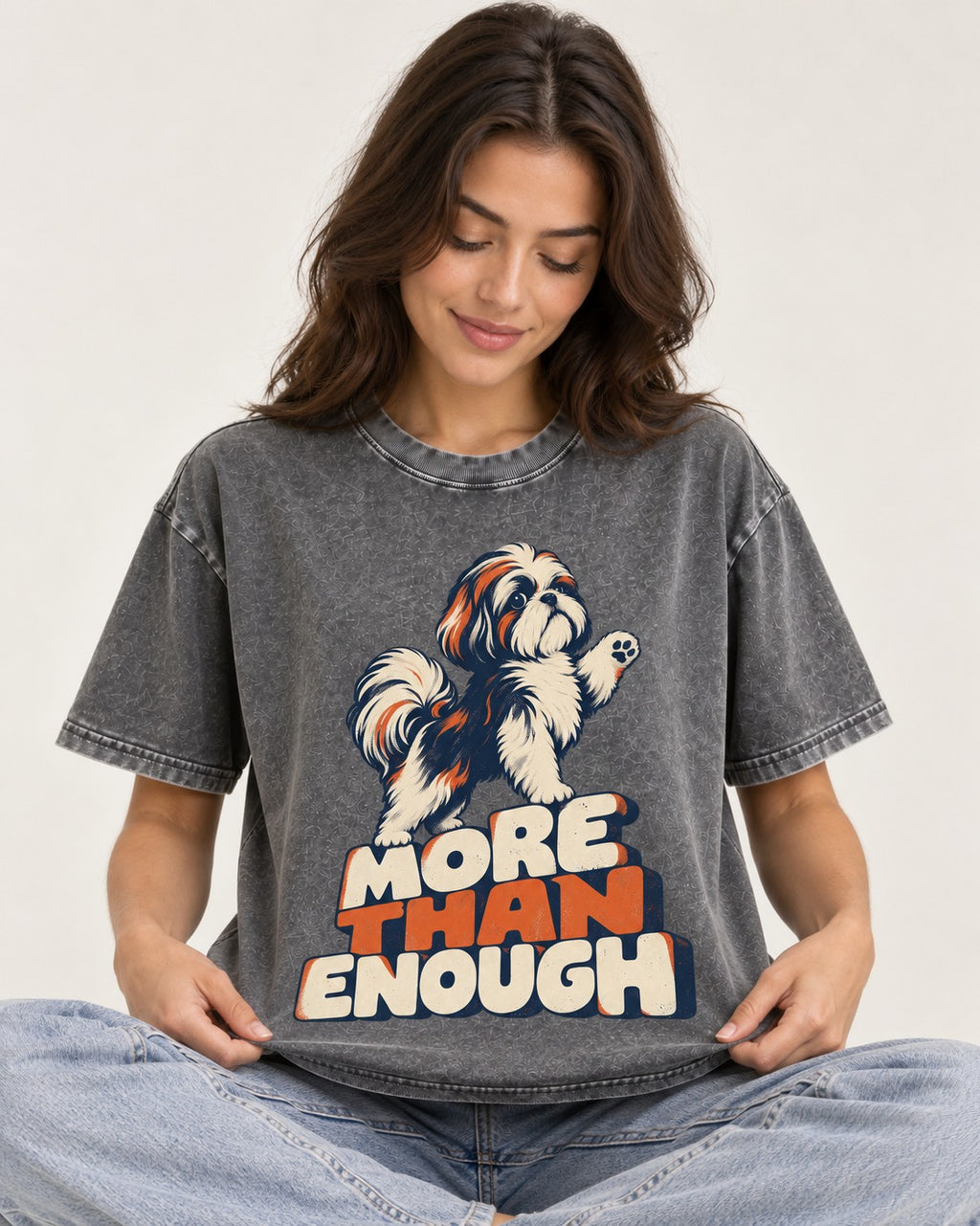 More Than Enough Shih Tzu Washed Tee in Gray, worn by a seated model