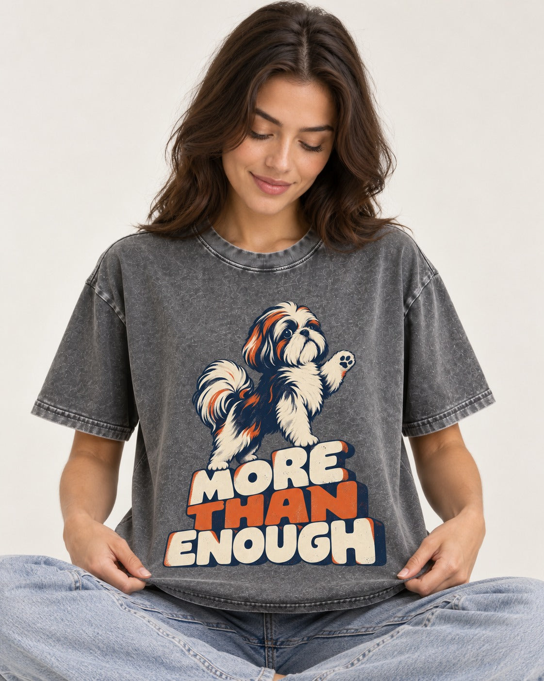 More Than Enough Shih Tzu Washed Tee in Gray, worn by a seated model