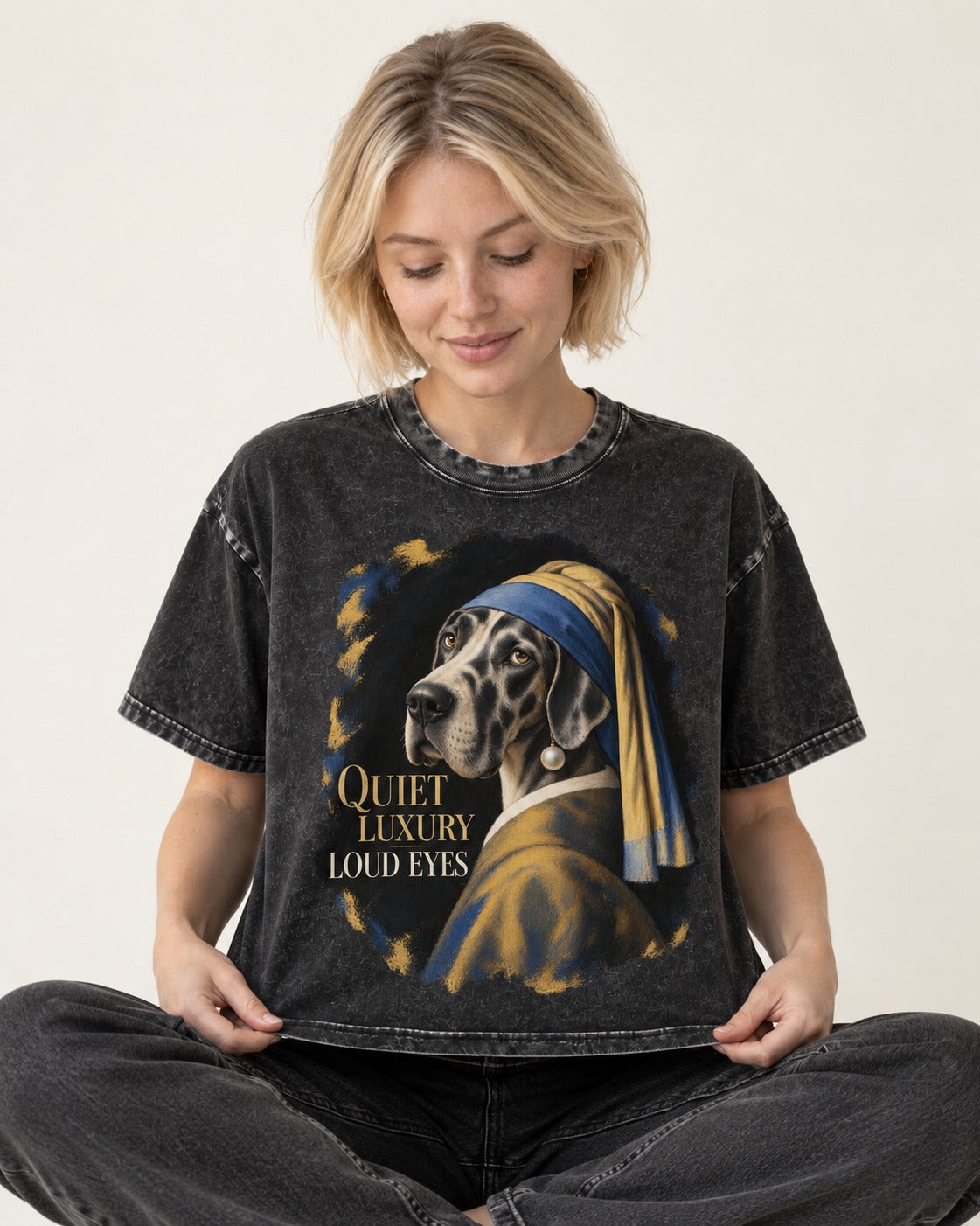 Great Dane Quiet Luxury Loud Eyes Pearl Portrait Graphic Washed Tee in Black, worn by a seated model