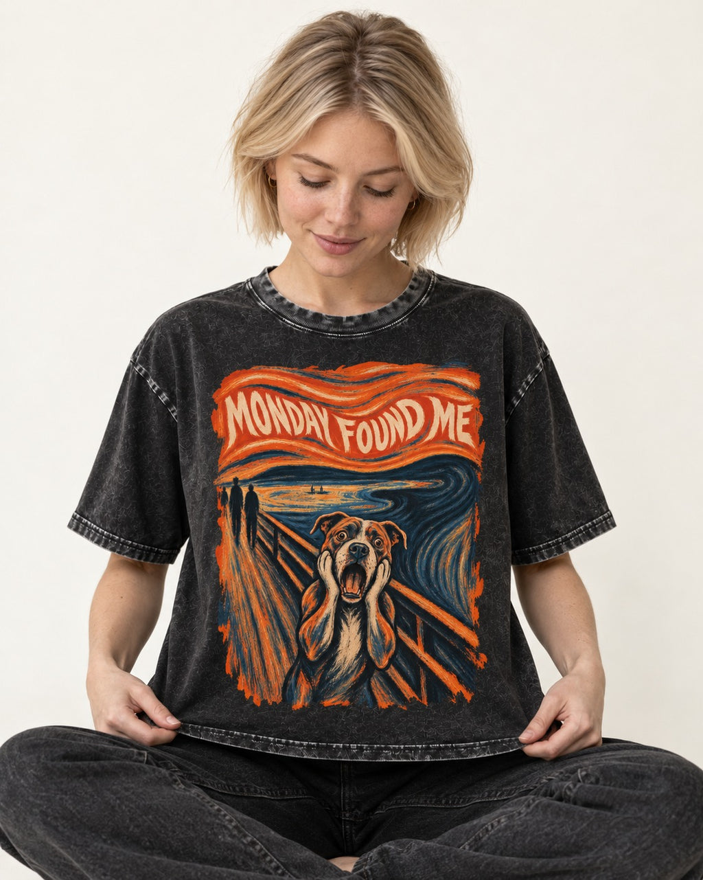 Pitbull Monday Found Me Expressionist Scream Graphic Washed Tee in Black, worn by a seated model