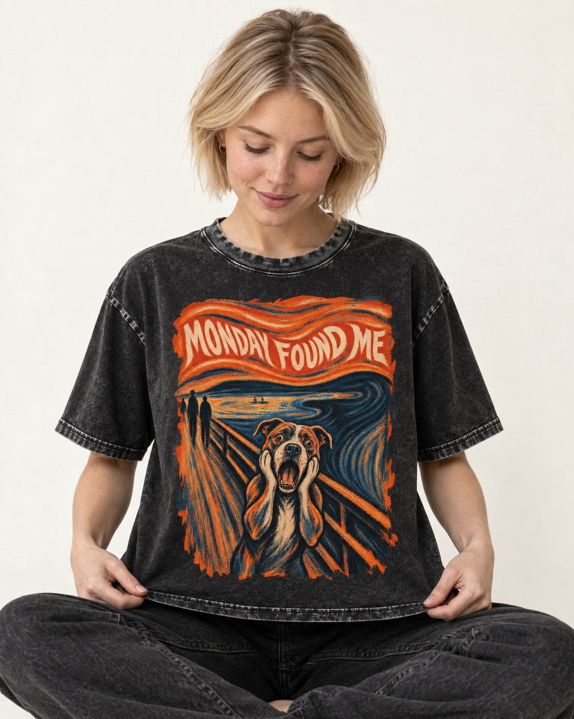 Pitbull Monday Found Me Expressionist Scream Graphic Washed Tee in Black, worn by a seated model