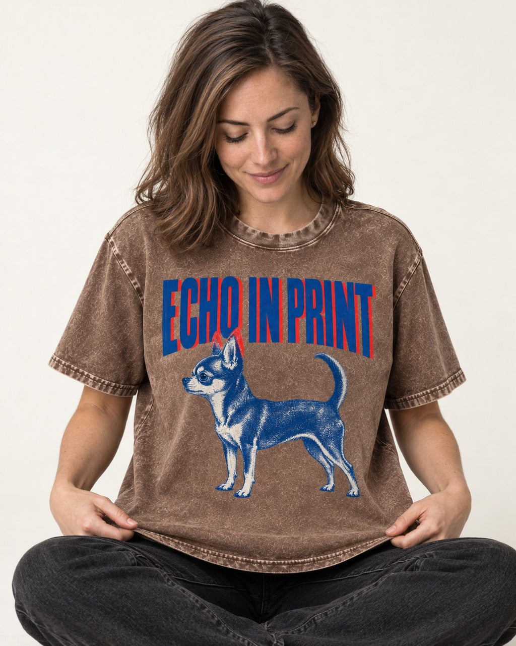 Chihuahua Echo Washed Tee in Coffee, worn by a seated model