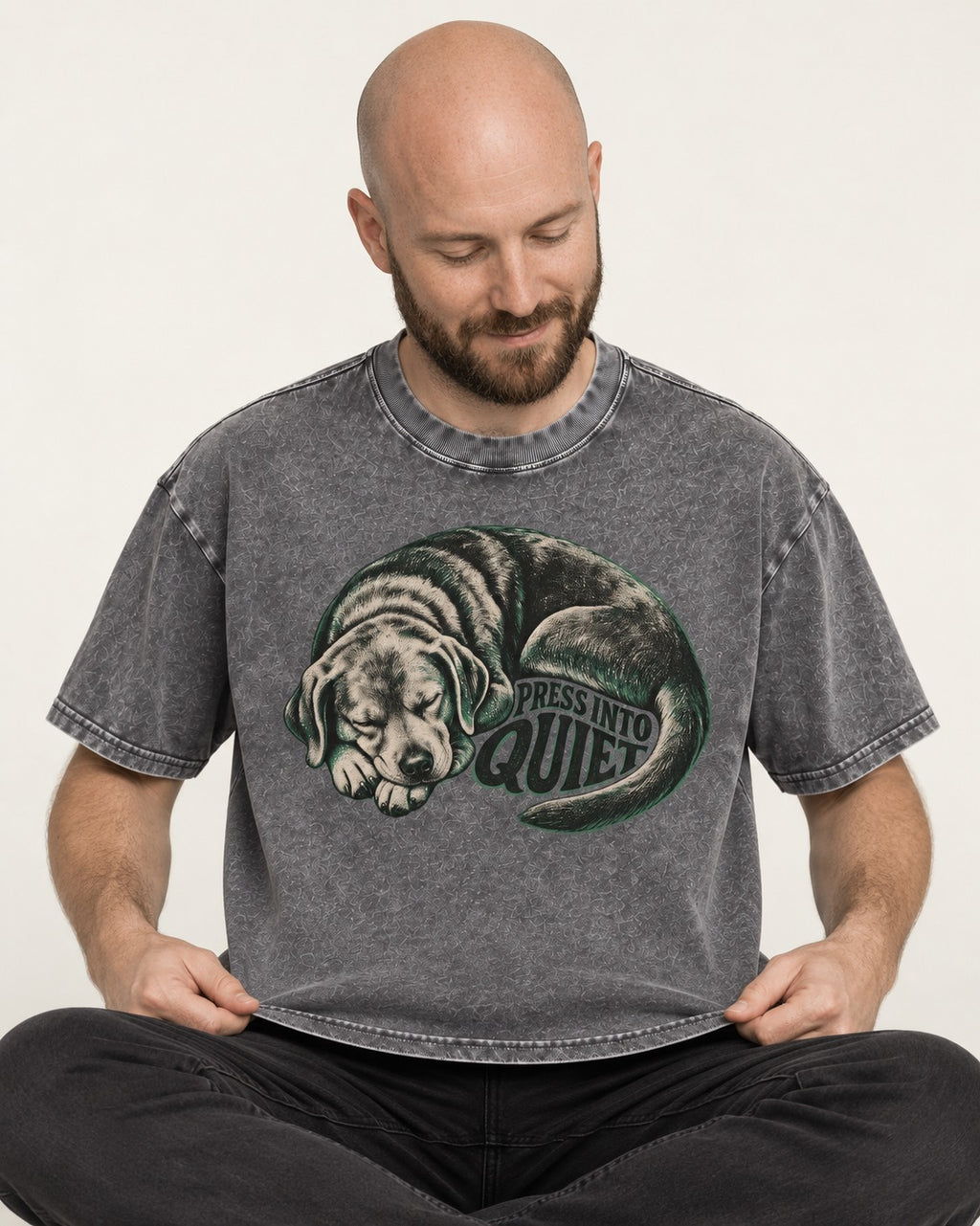 Labrador Retriever Press Into Quiet Washed Tee in Gray, worn by a seated model