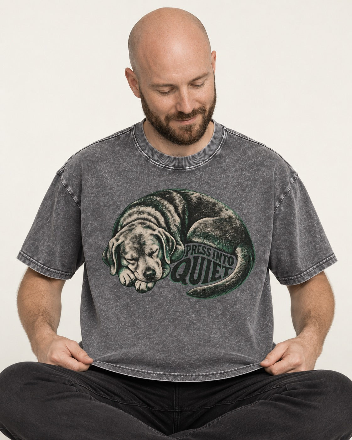 Labrador Retriever Press Into Quiet Washed Tee in Gray, worn by a seated model