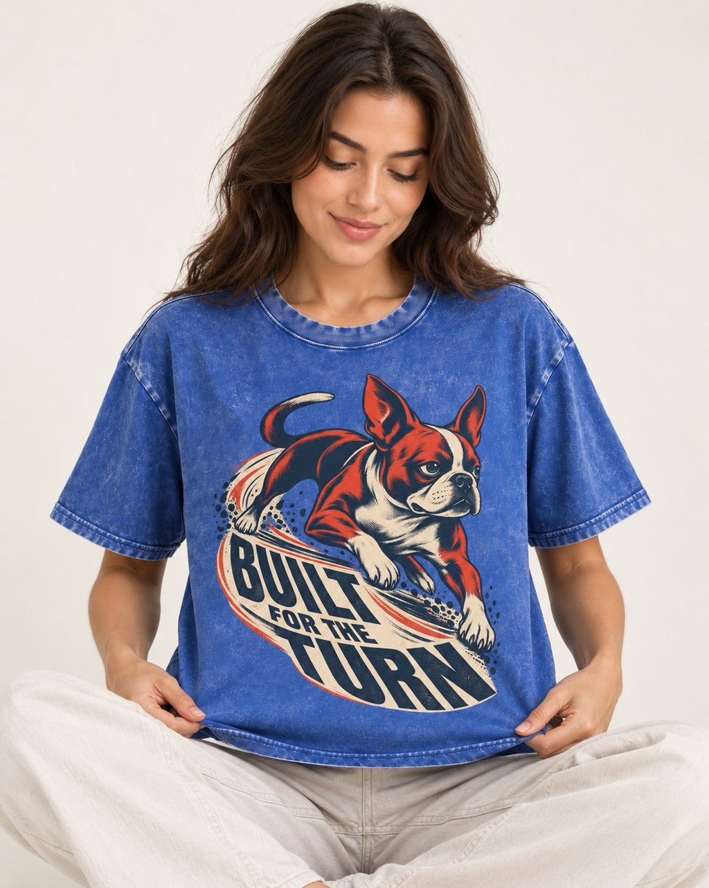 Built for the Turn Boston Terrier Washed Tee in Royal Blue, worn by a seated model