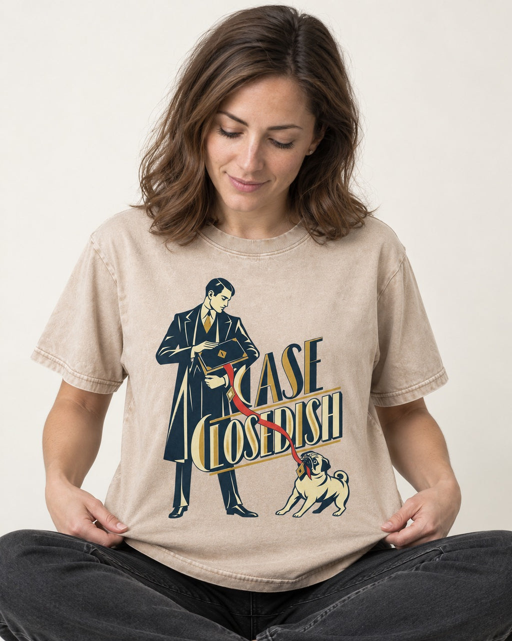 Case Closedish Pug Washed Tee in Apricot, worn by a seated model