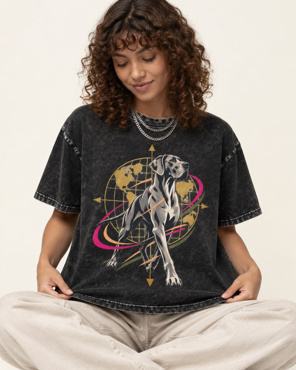 Great Dane Striding Globe Orbit Graphic Washed Tee in Black, worn by a seated model