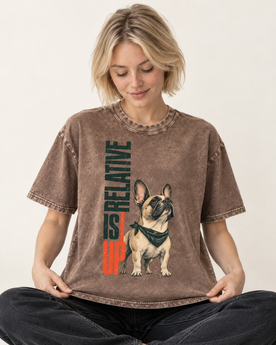 Up Is Relative Frenchie Washed Tee in Coffee, worn by a seated model