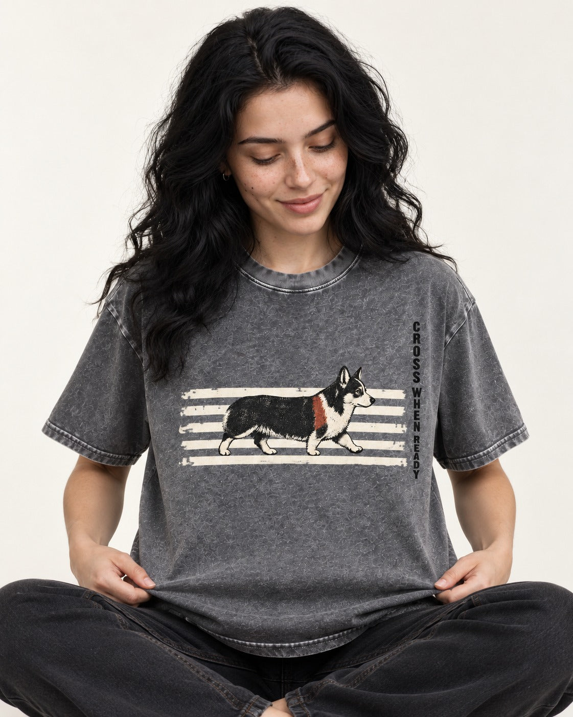 Corgi Cross When Ready Crossing Bars Graphic Washed Tee in Gray, worn by a seated model