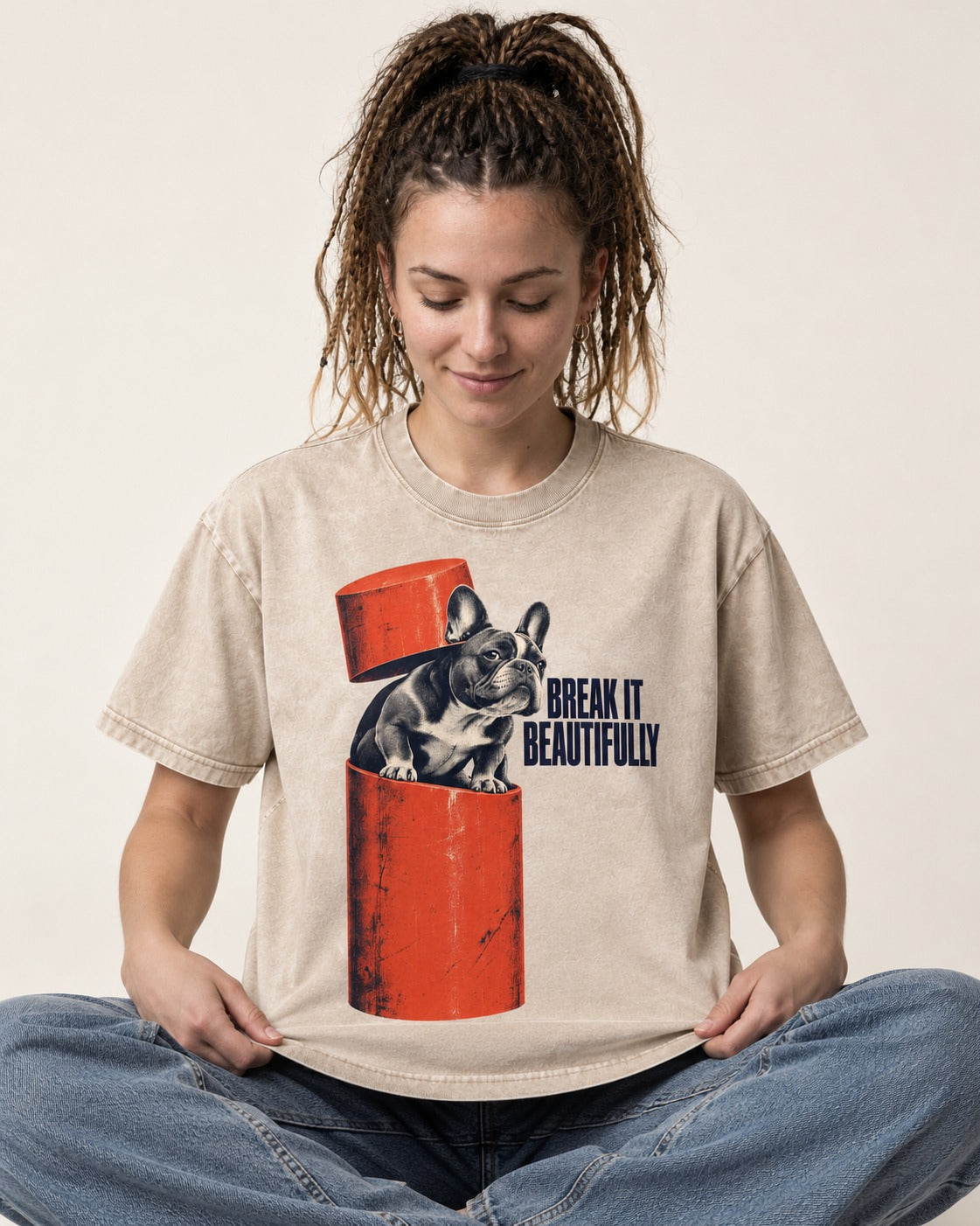 Frenchie Break It Beautifully Washed Tee in Apricot, worn by a seated model