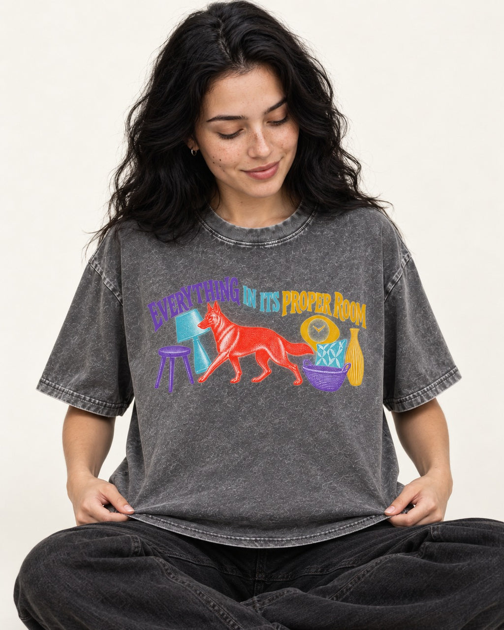 German Shepherd Dog In Its Proper Room Washed Tee in Gray, worn by a seated model