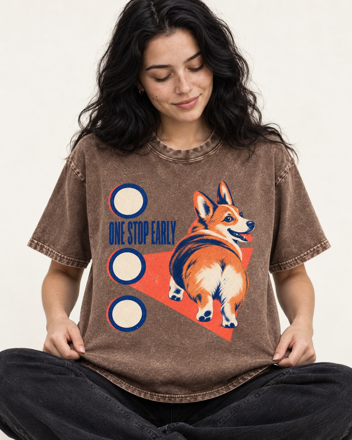 One Stop Early Corgi Washed Tee in Coffee, worn by a seated model