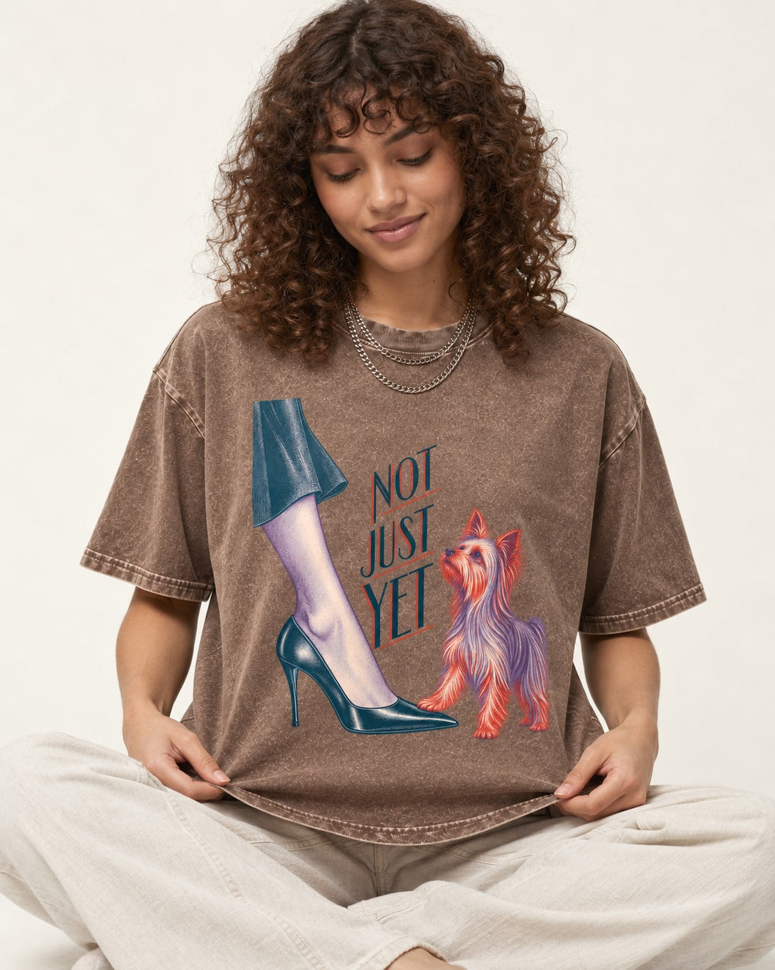 Not Just Yet Yorkshire Terrier Washed Tee in Coffee, worn by a seated model