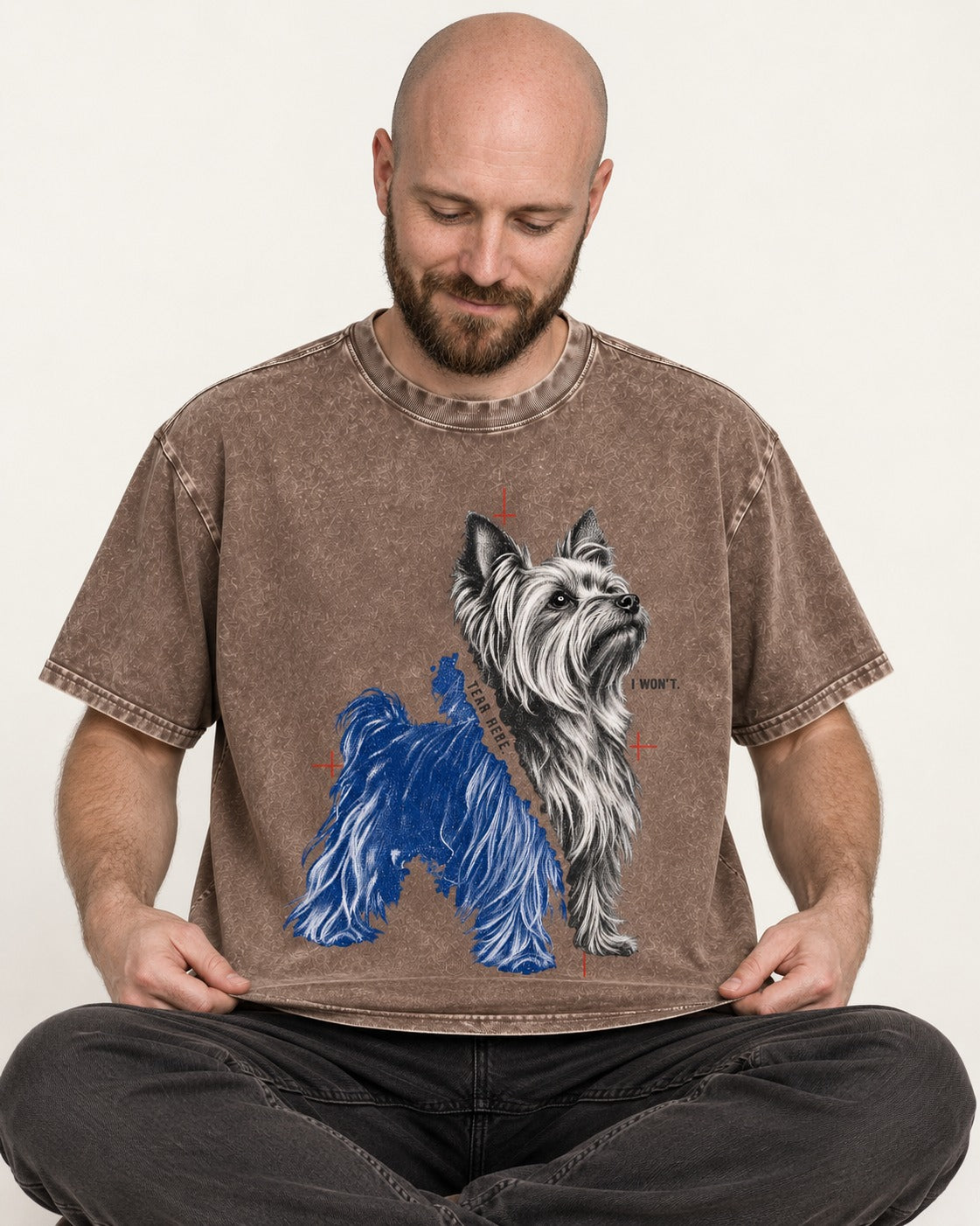 Yorkshire Terrier I Won't Tear Here Washed Tee in Coffee, worn by a seated model