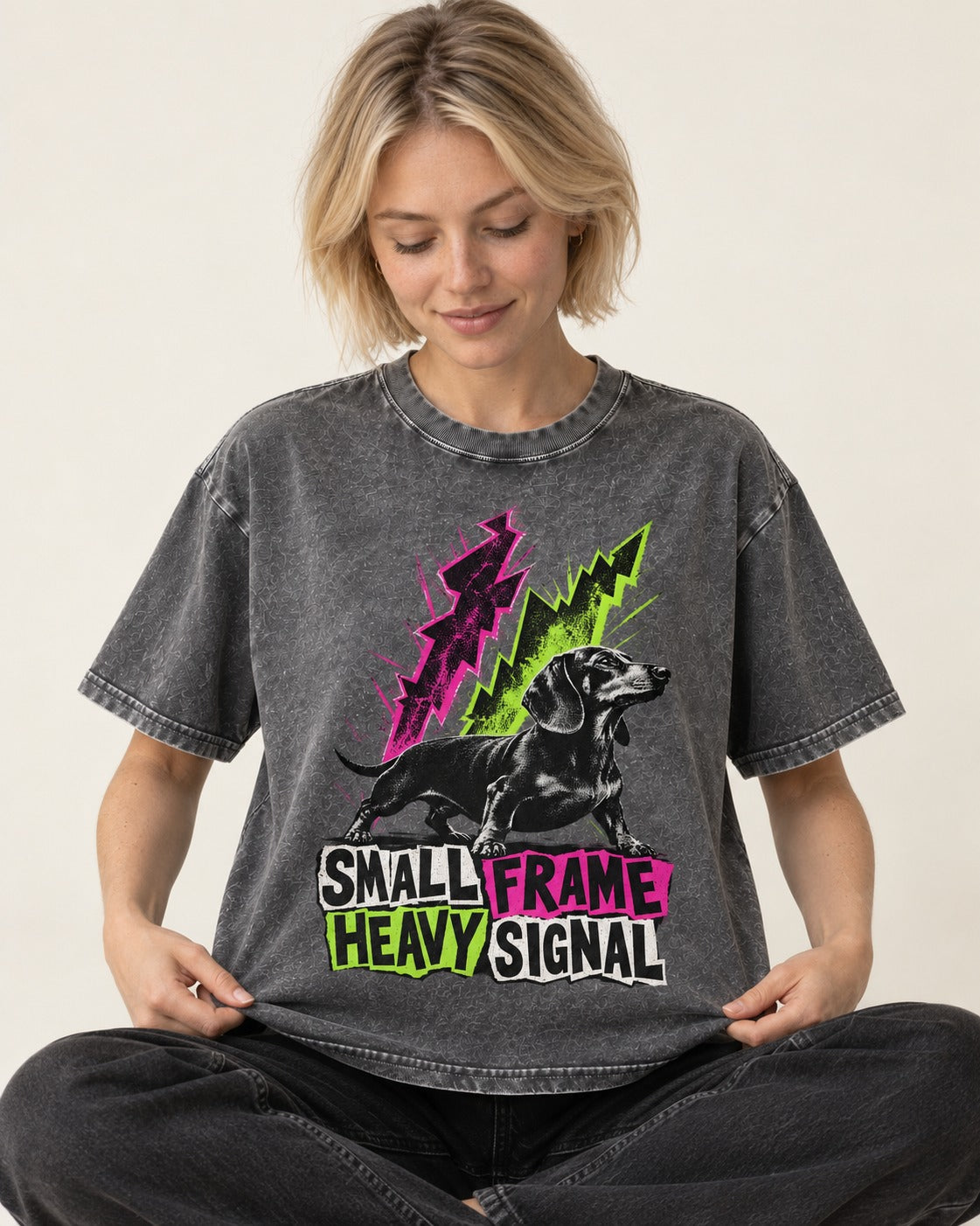 Dachshund Small Frame Heavy Signal Washed Tee in Gray, worn by a seated model
