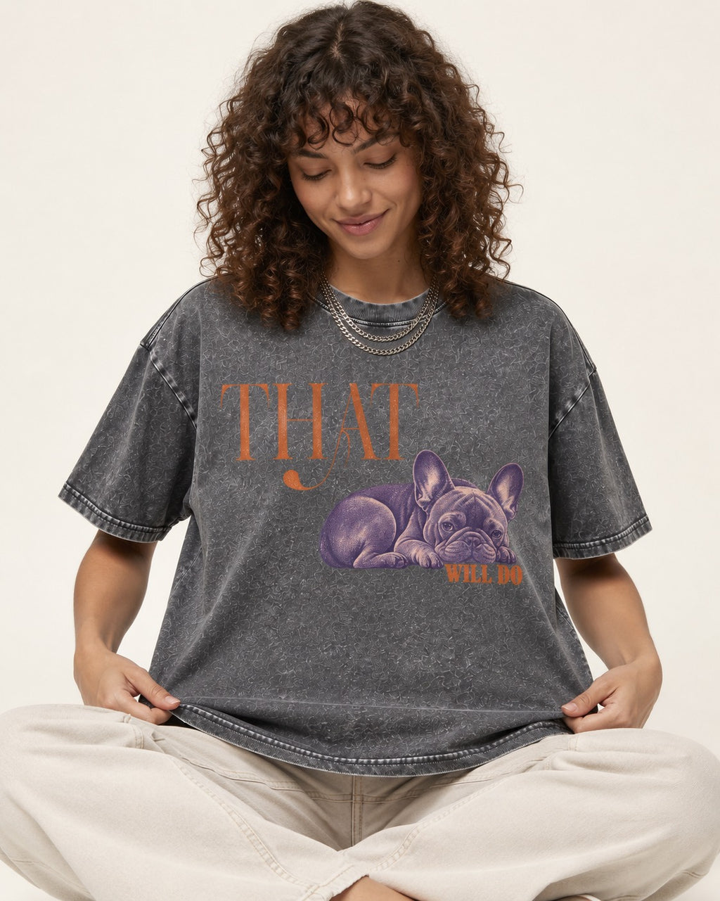 Frenchie That Will Do Resting Graphic Washed Tee in Gray, worn by a seated model