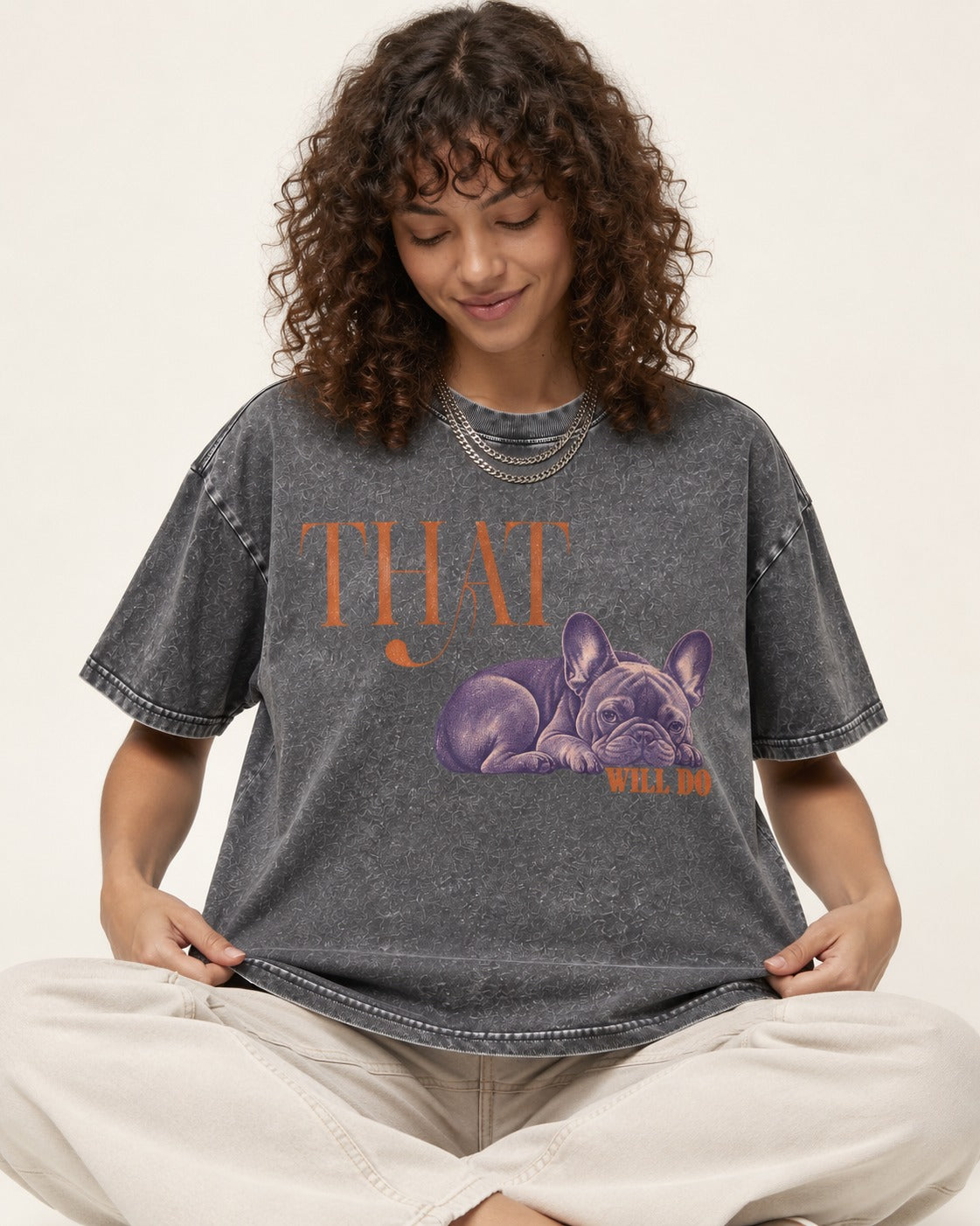 Frenchie That Will Do Resting Graphic Washed Tee in Gray, worn by a seated model