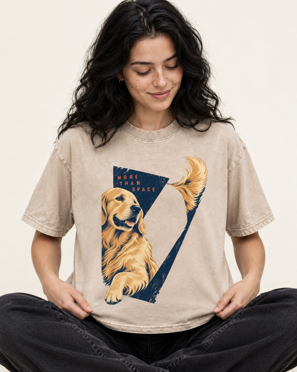 Golden Retriever More Than Space Washed Tee in Apricot, worn by a seated model