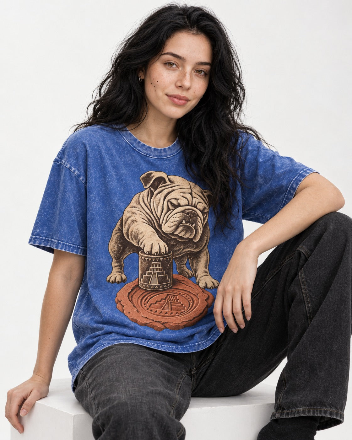 English Bulldog Ancient Cylinder Seal Graphic Washed Tee in Royal Blue, worn by a seated model