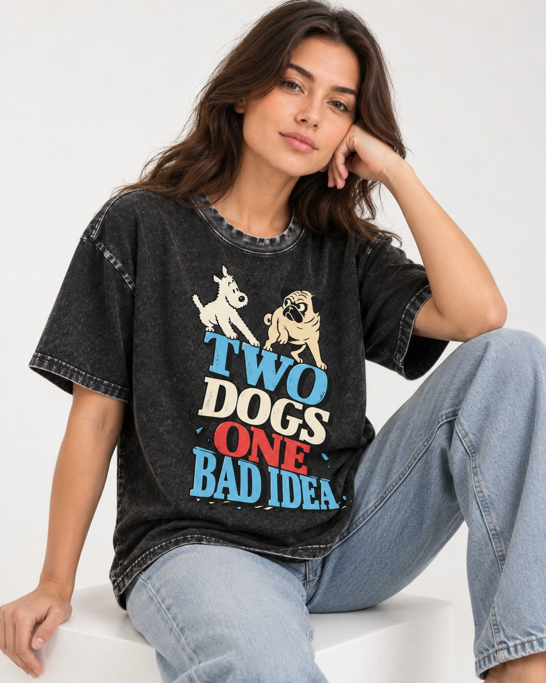 Pug Two Dogs One Bad Idea Graphic Washed Tee in Black, worn by a seated model