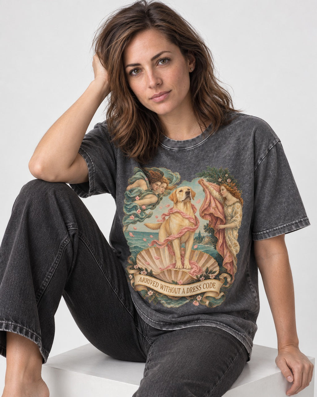 Labrador Retriever Without a Dress Code Washed Tee in Gray, worn by a seated model