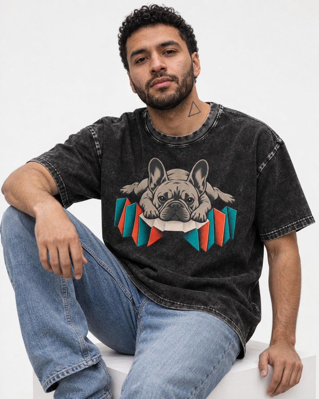 Frenchie Sploot Press Graphic Washed Tee in Black, worn by a seated model