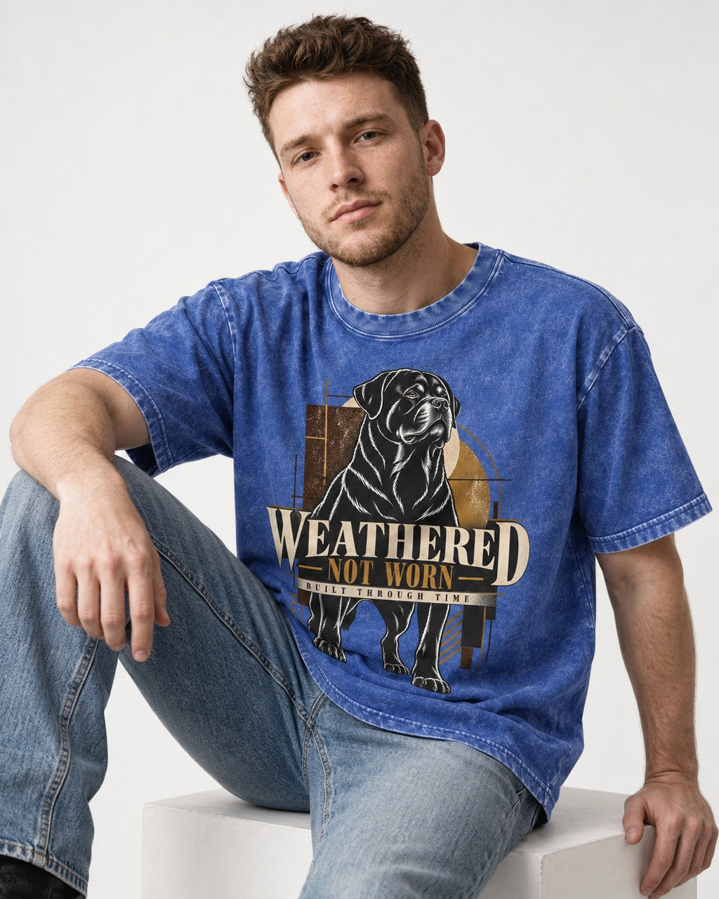 Rottweiler Weathered Not Worn Geometric Graphic Washed Tee in Royal Blue, worn by a seated model