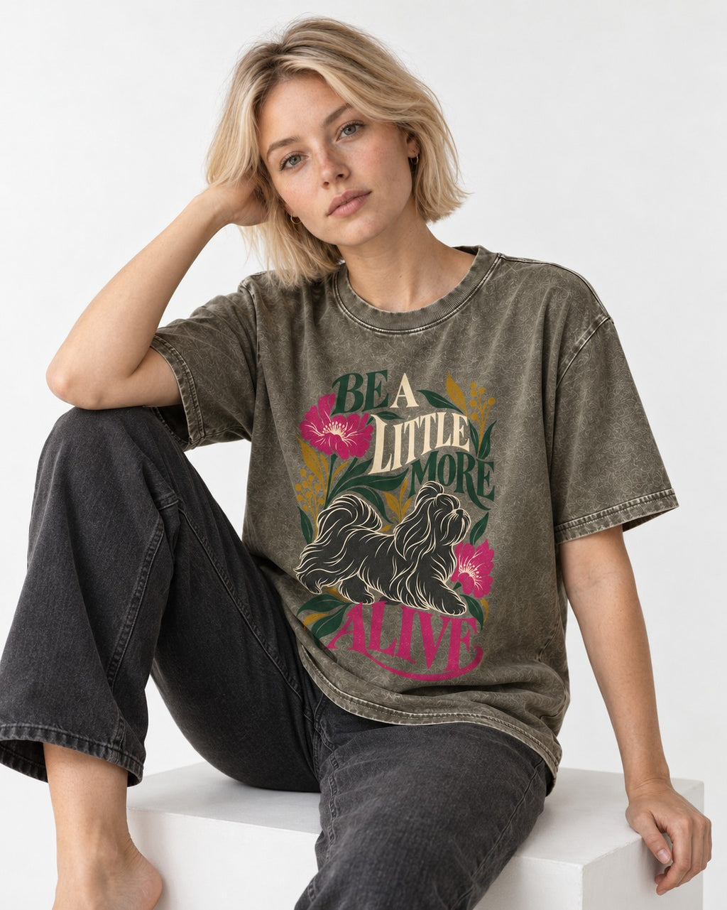 Shih Tzu Be a Little More Alive Botanical Graphic Washed Tee in Army Green, worn by a seated model