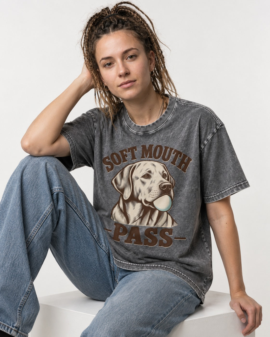 Soft Mouth Pass Labrador Retriever Washed Tee in Gray, worn by a seated model