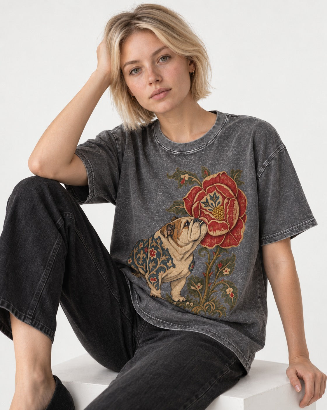 English Bulldog Tender Devotion Washed Tee in Gray, worn by a seated model