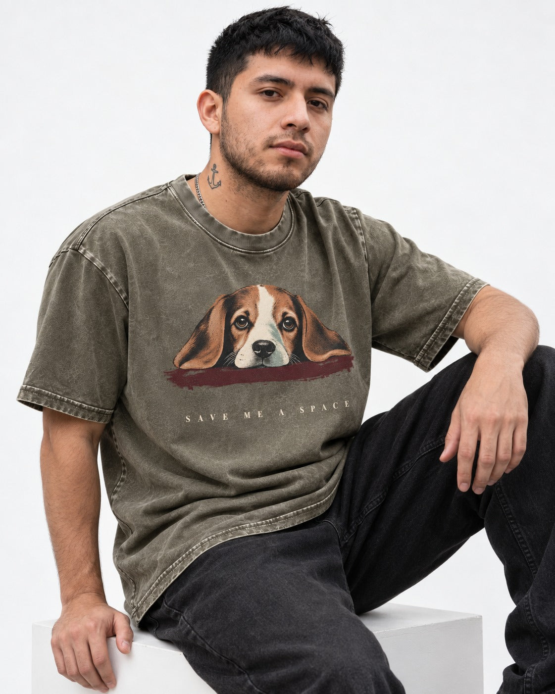 Save Me A Space Beagle Washed Tee in Army Green, worn by a seated model