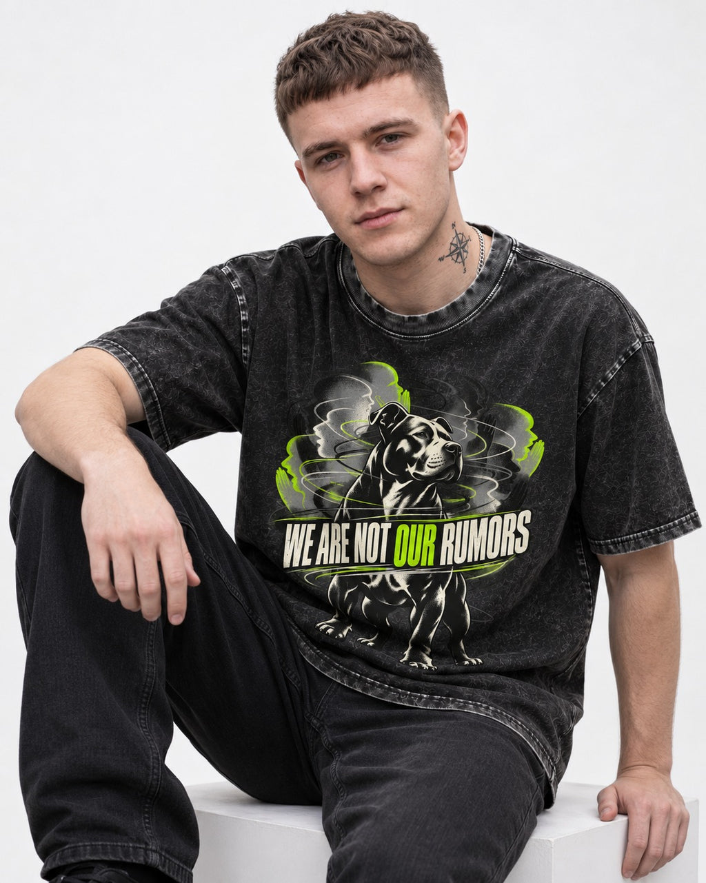 Pitbull We Are Not Our Rumors Swirling Voices Graphic Washed Tee in Black, worn by a seated model