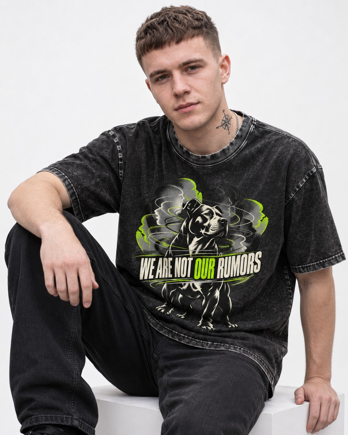 Pitbull We Are Not Our Rumors Swirling Voices Graphic Washed Tee in Black, worn by a seated model